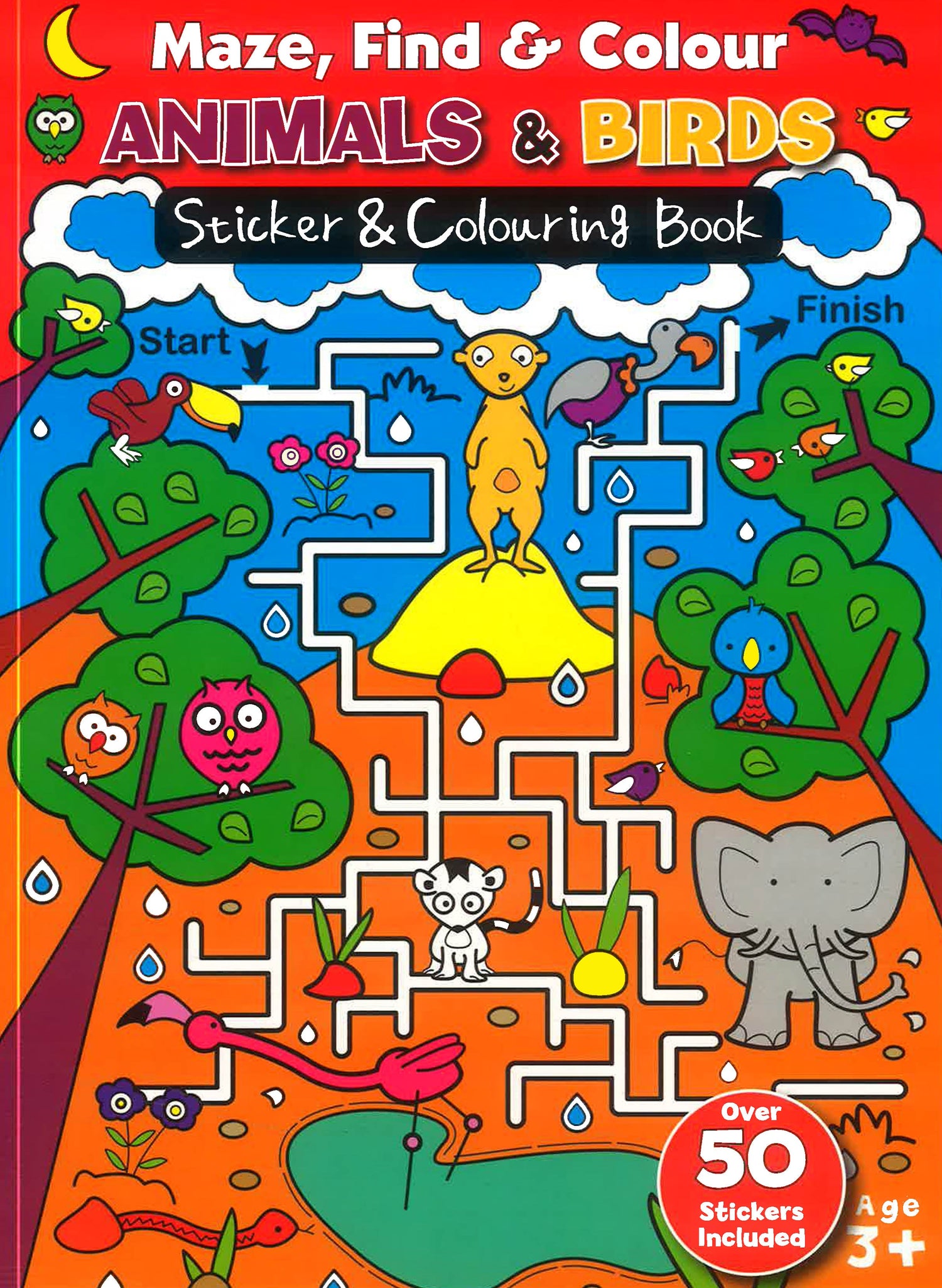 Maze Find & Colour Animals & Birds Sticker & Colouring Book by North Parade Publishing – book cover