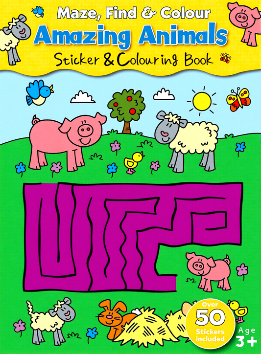 Maze, Find & Colour - Amazing Animals: Sticker & Colouring Book