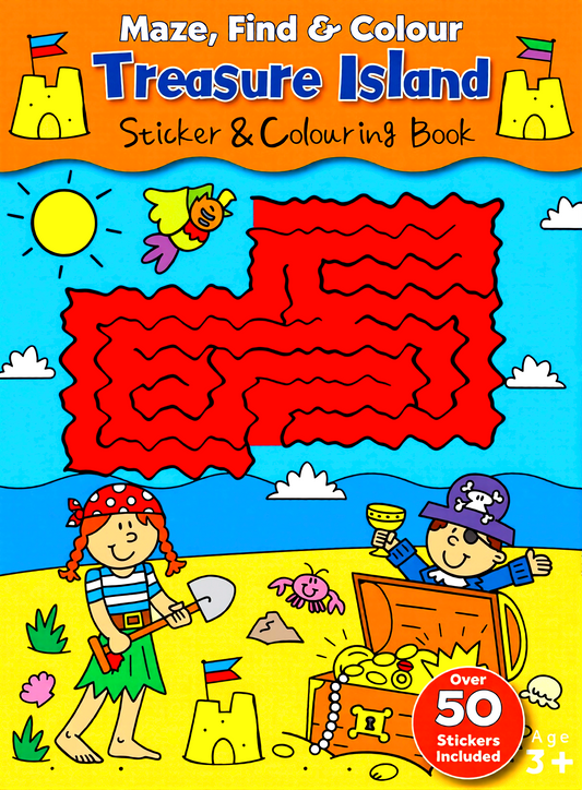 Maze, Find & Colour Treasure Island Sticker & Colouring Book
