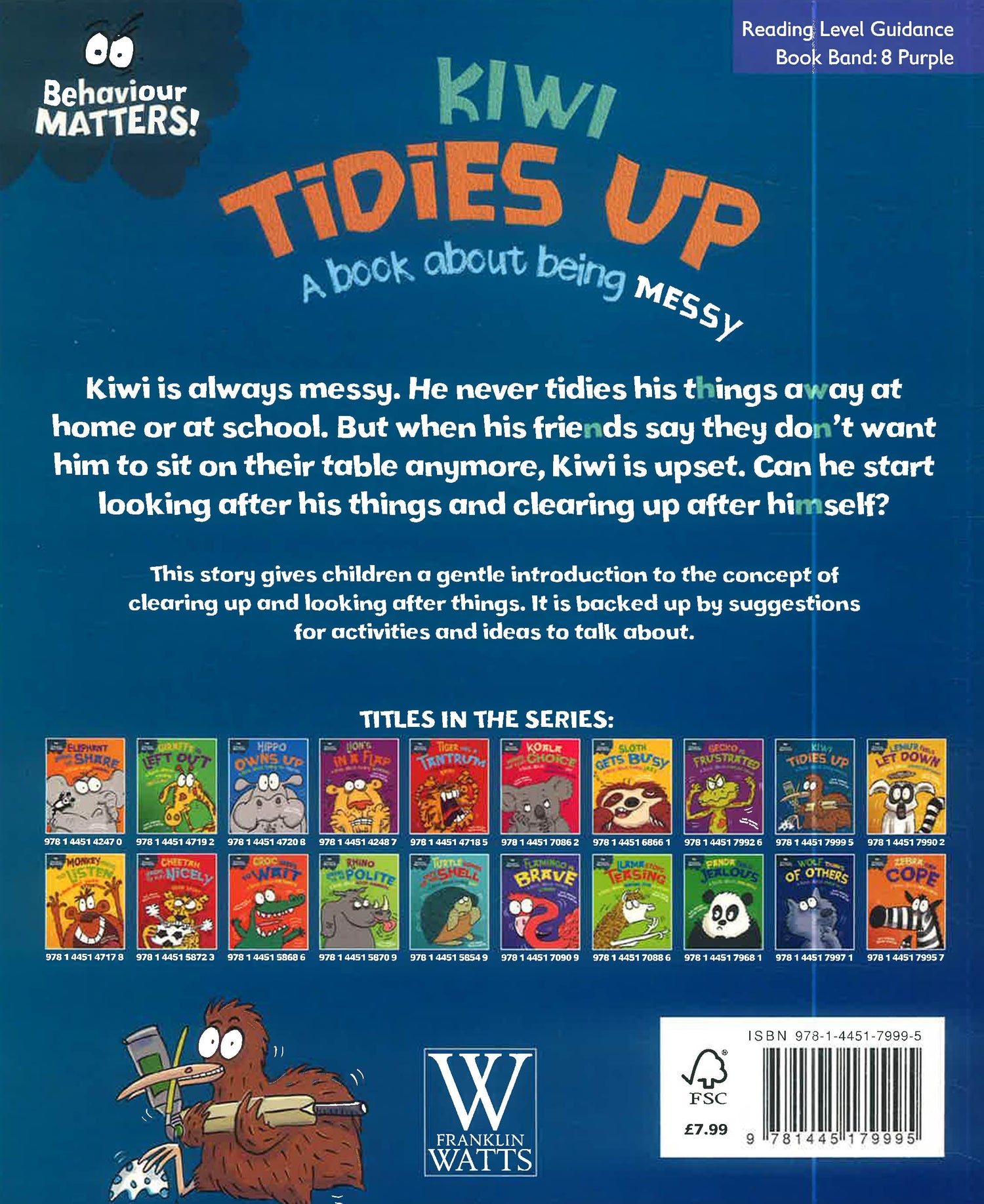 Behaviour Matters: Kiwi Tidies Up - A book about being messy by Sue Graves – book cover
