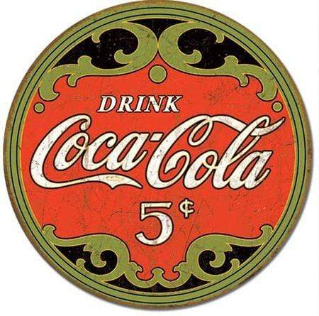 Tin Sign: Coke Round 5 Cents (29.50 cm diameter)